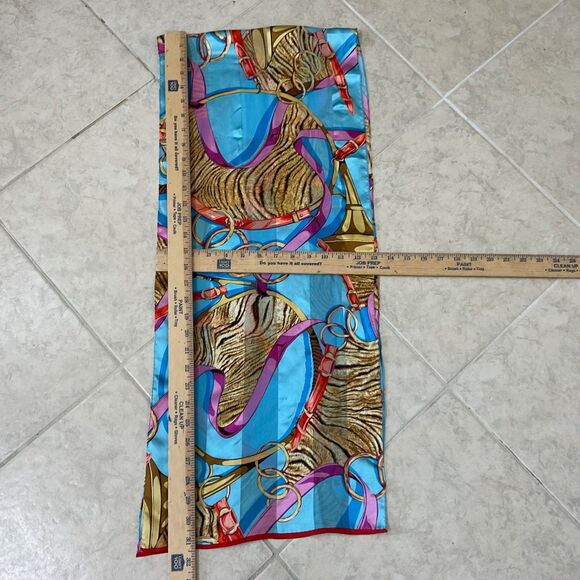 100% Silk Scarf Blue brown Equestrian Horse Bits Chain Print multifunctional - Picture 6 of 10